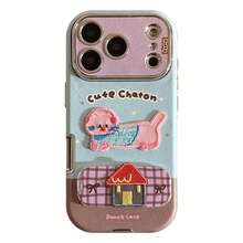 Cat Motif Leather GUCADI 1pc Embroidered Cat & Dog Design Compatible With IPhone 17 Pro Max/16/15/13/11 Phone Case, Colorful Mirror, Foldable Stand, Animal, Plaid, Cartoon, Contrast Color, Polka Dot, Stand, 3D, Geometric, Graffiti, Niche, Ins Style Spring Gift - Baby Blue - View 4