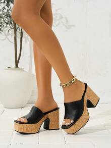 女士经典露趾坡跟凉鞋，透气套穿式厚底高跟防水穆勒鞋，黑色 - 黑色 - 查看 3