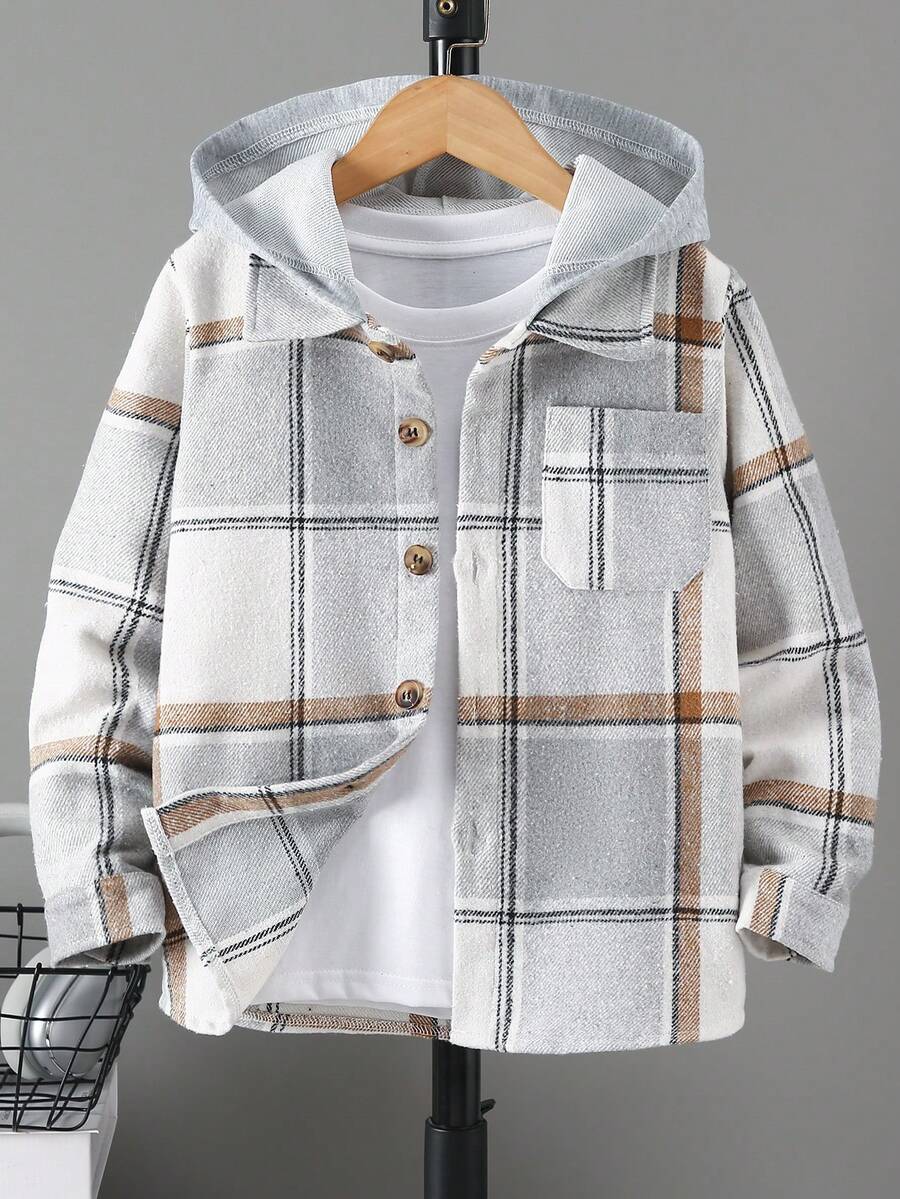 Boys' Hooded Lapel Brushed Plaid Jacket - Grey - View 1