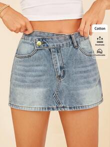 Coeurva Jupe courte en jean mini décontracté avec poches asymétriques à la taille pour femmes - Bleu azur - Voir 2