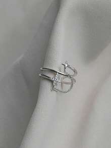 1pc Exclusive Design Meteorite Chain Ring, Double Layer, Luxury Cross - Silver - View 5