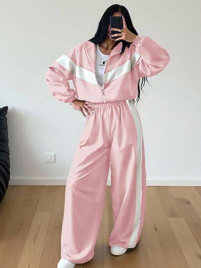 2pcs/Set Color Block Patchwork Casual Elegant Zip-Up Hoodie Set, Suitable For Sports, Home, Office, Street Wear In Spring, Autumn And Winter. Oversized Long Sleeve Sweatshirt For Women In Autumn/Winter