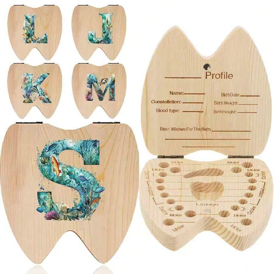 Wooden Teeth Box Tooth Storage Holder Replacement Teeth Collection Organizer Fairy-Themed Design Tooth Information Recordhood Growth Keepsake Christmas & Birthday Gifts For Initial Name 26 Letters Pattern - Yellow - View 1