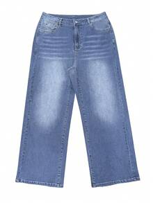 Christmas Plus Size Vintage Blue Loose Fit Wide Leg Jeans For Women, Casual, Flattering, Versatile, Spring/Summer New Arrival, Straight-Cut,Holiday,Festival,Cowgirl Outfit,Jeans,Trousers,Going Out Outfits,Denim Trousers Women,Cowboy Outfit Women,Jeans Women,Bottoms