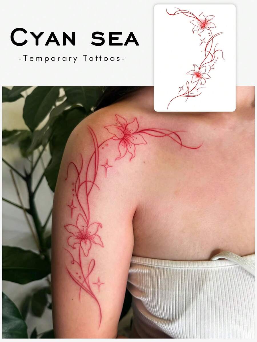 This Temporary Tattoo Sticker Features A Chinese Style Red Floral Art Design. It Is Water-Washable, Single-Use, Waterproof, Sweat-Proof, And Non-Reflective, Suitable For Application On The Arms And Back. The Realistic Tattoo Pattern Is Perfect For Fashion-Forward Users, Lasting3-5Days. - Red - View 1