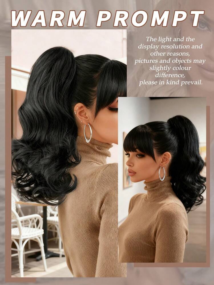 14 Inch Short Wavy Clip-In Ponytail Extensions, Synthetic Curly Ponytail Hair Piece, Fluffy Daily Ponytail For Women (Natural Black)