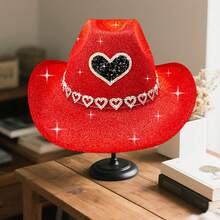 Adults Glitter Western Cowgirl Hats With Rhinestones Fashionable Wide Brim Fedora Caps For Outdoor Vacation - 紅色-愛心 - 查看 2