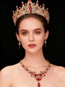 1 Set Red Rhinestones Decor Bridal Crown, Necklace, Earrings 4Pcs Wedding Jewelry Set, Suitable For Wedding Dress, Prom, Party & Ceremony - Multicolor - View 3