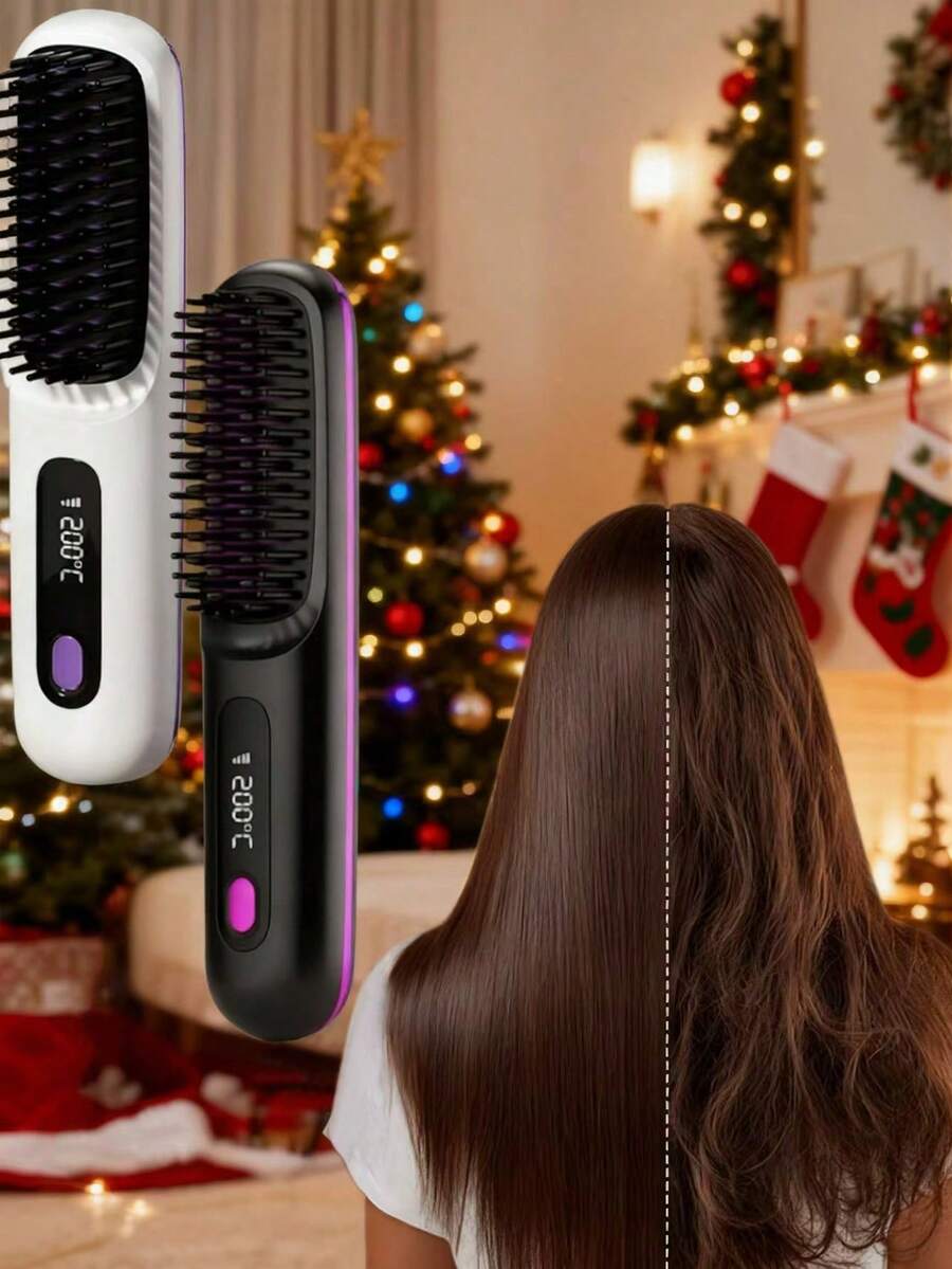 US0D1109423S 女士无线便携式直发器，USB充电式直发梳，防烫设计，3档温度调节，快速加热，在家、宿舍或旅行途中轻松打造沙龙级造型，适用于短发、刘海、长发和卷发。是送给女性、学生和直发爱好者的完美圣诞节、节日和生日礼物。