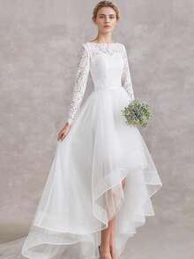 Sophisticated Scoop Neck Lace Long SLeeves High-Low Wedding Gown - Perfect For Christmas, Halloween, Weddings, Proms & Birthdays - trắng - Xem 1