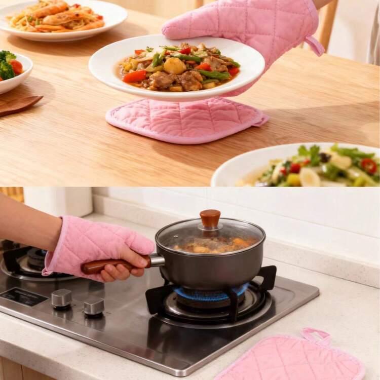 Bộ 4 món găng tay và miếng lót nồi chịu nhiệt có thể giặt, bộ dụng cụ chịu nhiệt cho gia đình, bộ dụng cụ nướng chịu nhiệt, phù hợp cho nướng và nấu ăn trong bếp, đồ dùng bếp gia đình chịu nhiệt cho bếp nấu, vật dụng thiết yếu cho gia đình - Nhiều màu - Xem 9