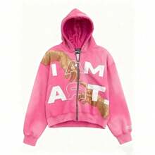 Loose American Retro Street Pullover - ART Niche Harajuku Short Hooded Outerwear Handsome Sweatshirt - 玫瑰紅 - 查看 9