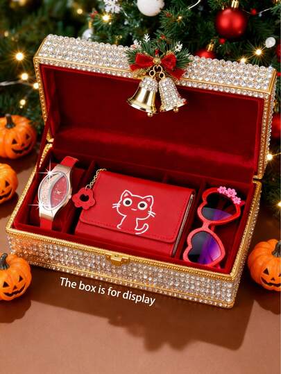 3 st dammode casual mångsidig elegant elegant minimalistisk PU-läderklocka, solglasögon, plånbokskombinationsset, matchande systerstil, lämplig för daglig dekoration och användning, perfekt present till henne på jul/Halloween