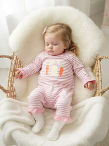 Baby Boy Girl Easter Romper Striped Carrot Bunny Long Sleeve Crewneck Jumpsuit Casual Spring Summer Clothes - Pink - View 6
