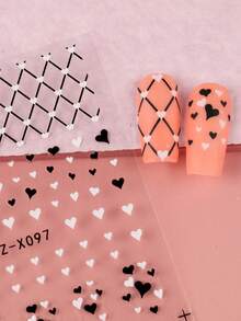 2pcs Black White Heart Nail Stickers Decals Grid Line Charms Valentines Day Nail Art Decals Self-Adhesive Sliders Foils French Tips DIY Manicure Nail Decorations - Black and White - View 4
