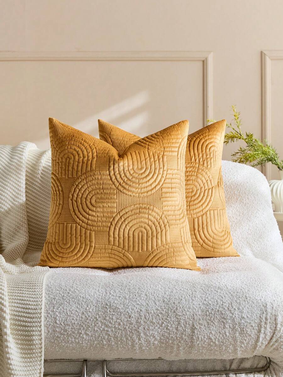 1/2 Pcs Plush Plush Decorative Throw Pillow Cover, Geometric Quilted Cushion Cover, Fluffy Soft Solid Color Rectangular Pillow Sham - Buff Yellow - View 1