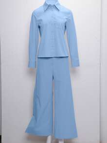 2pcs/Set Women Elegant Style Solid Light Purple Long Sleeve Shirt + Wide Leg Pants With Belt, Suitable For Outings, Gatherings, Holidays, Commuting, Office, Casual Wear - Blue - View 4