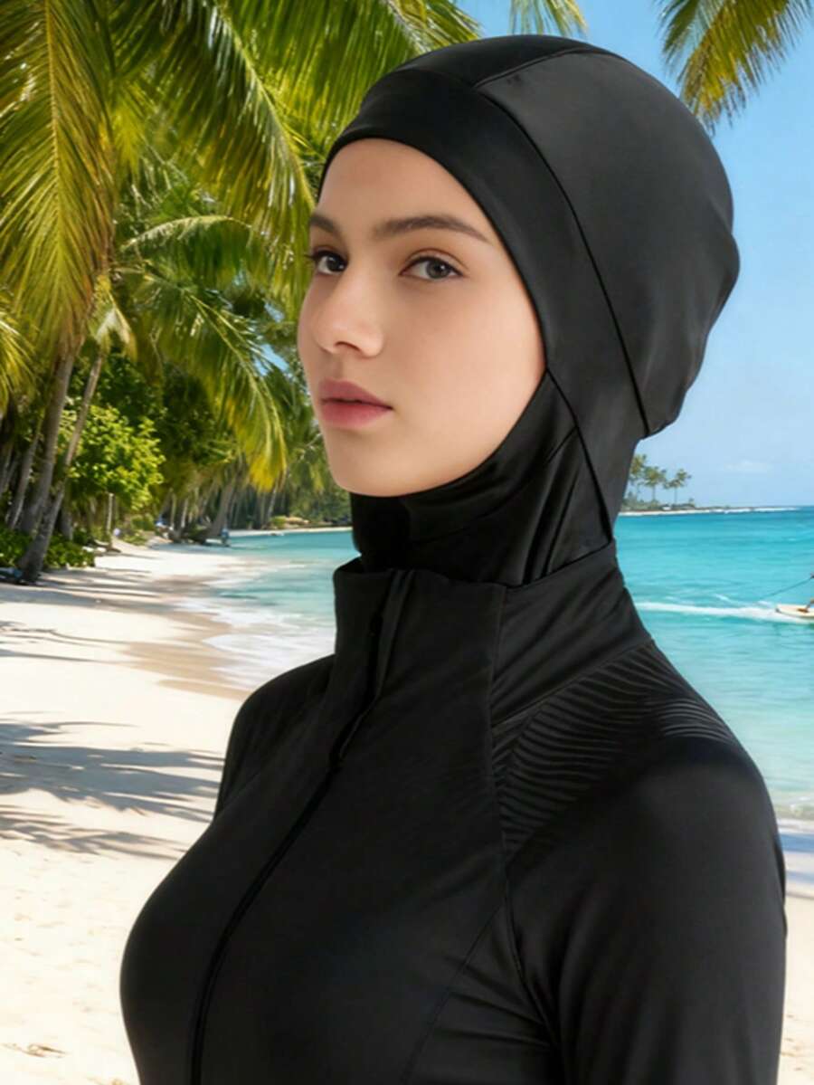 1pc Women's Elegant Solid Color Polyester Swim Cap, Summer - Black - View 1