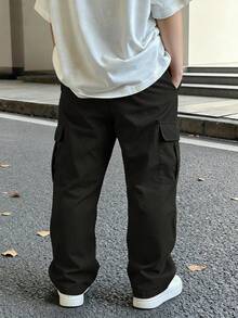 4-7岁男童黑色宽松阔腿工装裤，多口袋休闲户外裤，四季皆宜 - 黑色 - 查看 3