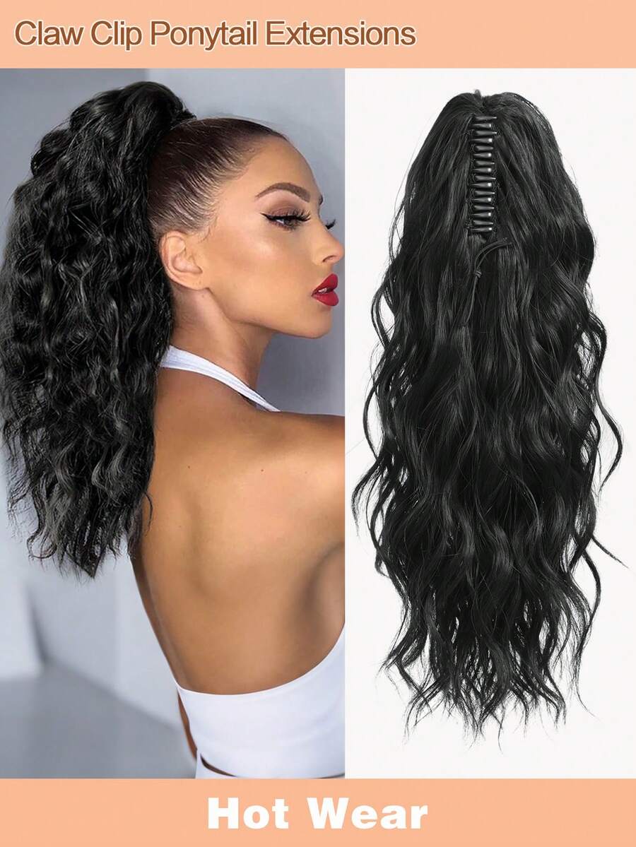 Claw Clip Ponytail Extension Water Wave Fake Faux Jaw Hairpiece 18inch Hair Piece Natural Black High Pony Tails Synthetic Heat Friendly Fiber For Women - 黑色 - 查看 1