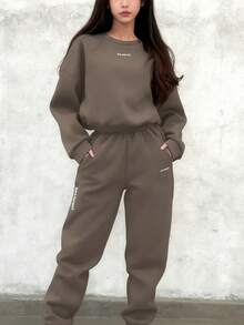 Minimalist Logo Sweatshirt & Sweatpants Set - Comfort Meets Style For Everyday Streetwear - 棕色 - 查看 4