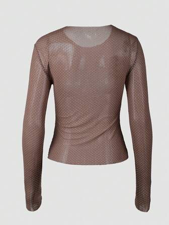 Y2K闪亮串珠圆领长袖修身网眼T恤