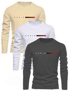 3pcs Tween Boys Students Casual Printed Crew Neck Long Sleeve T-Shirts, Spring/Autumn - Multicolor - View 1