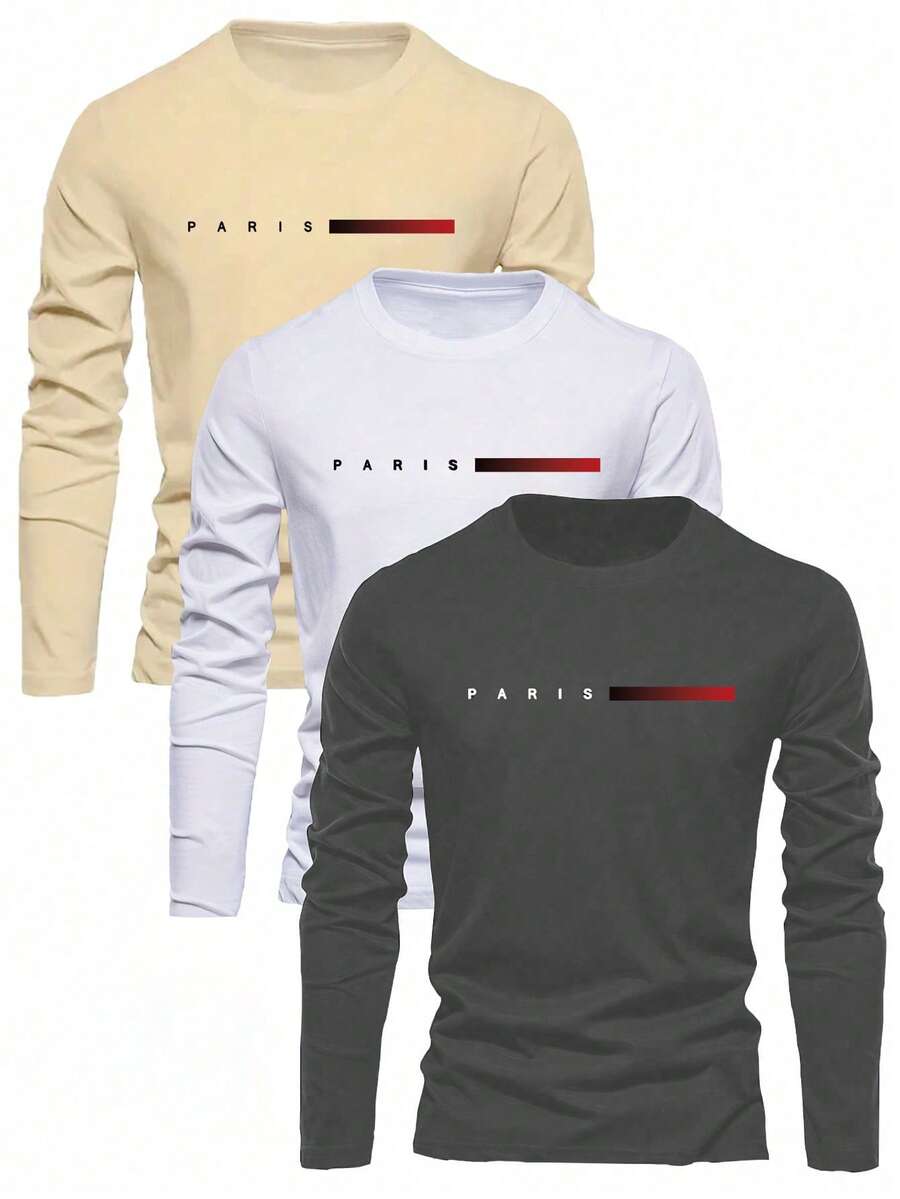 3pcs Tween Boys Students Casual Printed Crew Neck Long Sleeve T-Shirts, Spring/Autumn - Multicolor - View 1