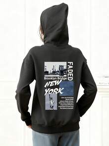 1pc Tween Girl Fleece Lined Thick Warm Hoodie Sweatshirt, Young Student Clothing, Suitable For Kids Autumn/Winter Long Sleeve Top