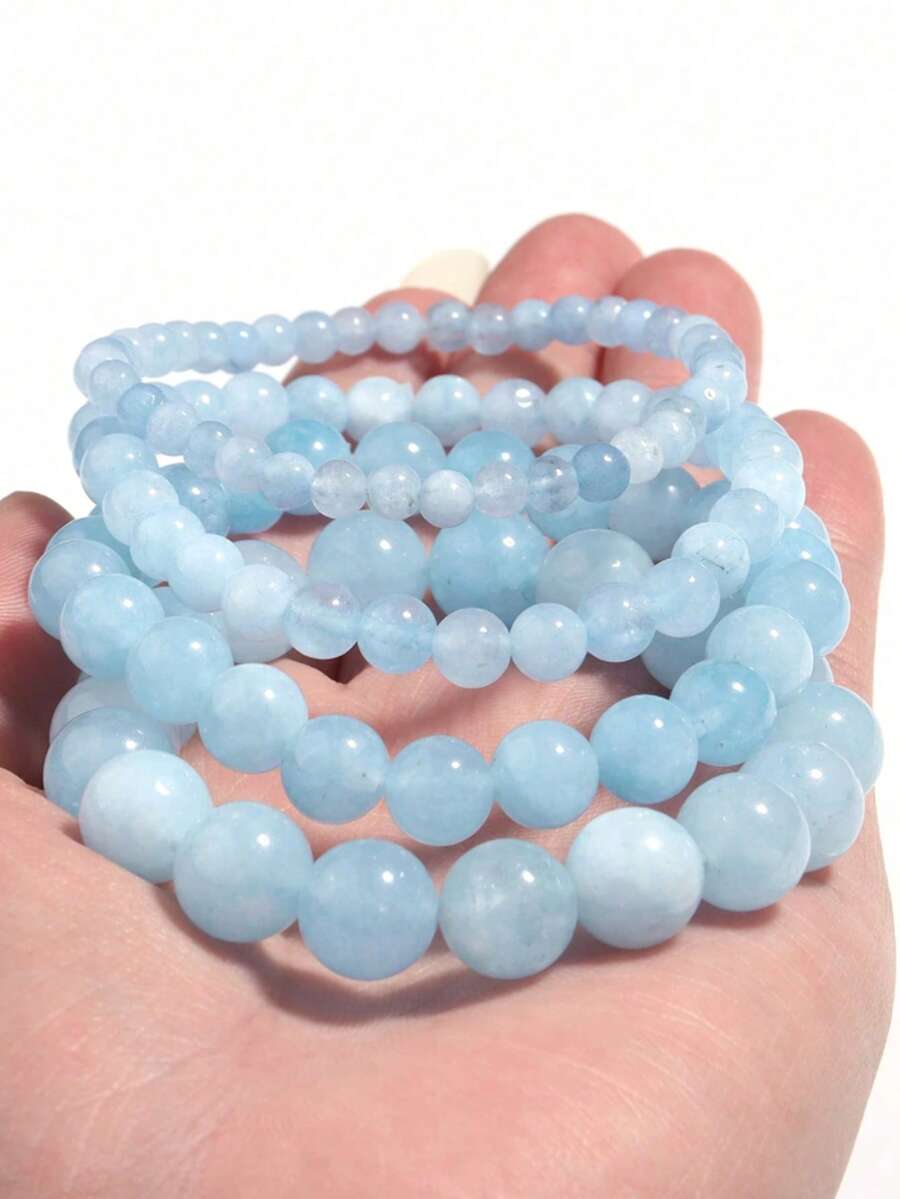 1 Pc Natural Aquamarins Beads Bracelet Women Men Blue Stone Round Bead Bracelet Elastic Rope Energy Meditation Jewelry Gift - Baby Blue - View 1