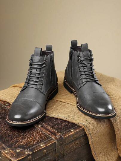 1 Pair Men's Round Toe Low Heel High-Top PU Leather Rubber Outsole Comfortable Zipper Lace-Up Casual Boots, Suitable For Leisure Occasions