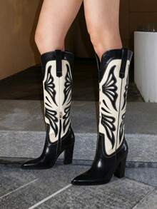 Cowboy Knee High Boots For Women Pointed Toe Chunky Block Heel Boots Vintage Butterfly Embroidery Boots Western Cowgirl Boot Shoes With Side Zipper - Đen và trắng - Xem 3
