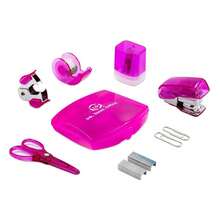 Products Pink Mini Office Supply Kit Portable Case With Scissors, Paper Clips, Tape Dispenser Set, Pencil Sharpener, Mini Stapler With Staples And Staple Remover,Pink - 粉色 - 查看 3