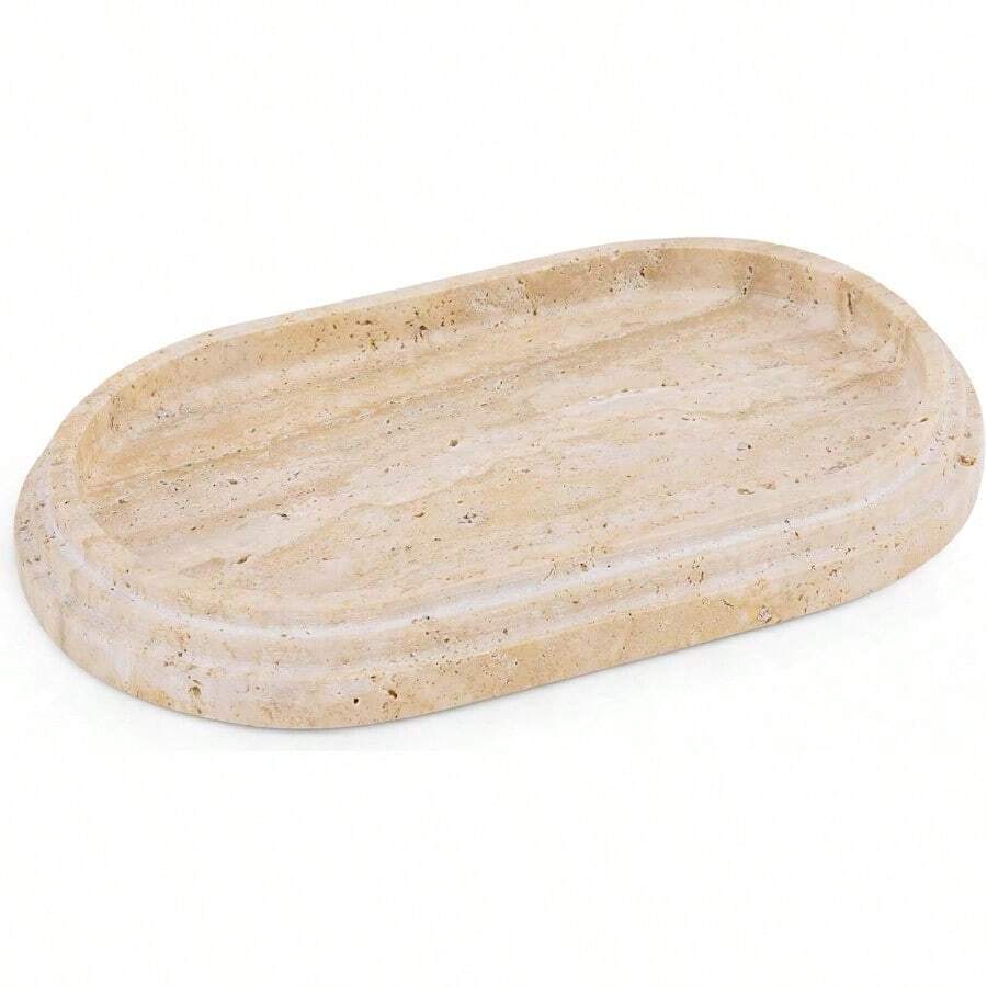Marble Cosmetic Tray Handmade Travertine Decorative Trays For Bathroom Decor And Countertop Accessories Perfume Candles And Jewelry Tray For Cosmetic Organizer - 石灰華米色 - 查看 1
