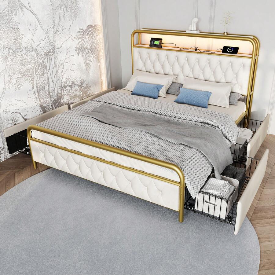 Upholstered Double Bed With USB Type C Charging Function, App Control, LED Bed Frame, Metal Bed 160x200 Cm, Bed Frame And 4 Drawers, Velvet (Mattress Not Included) - White - View 1