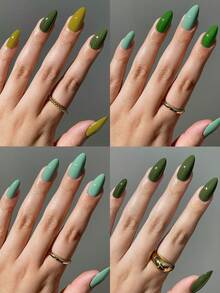 120 buc/cutie (4 amestecate) unghii false verzi migdale, scurte, acrilice, cu acoperire completă, cu cutie de depozitare, potrivite pentru femei și fete, în viața de zi cu zi și la petreceri