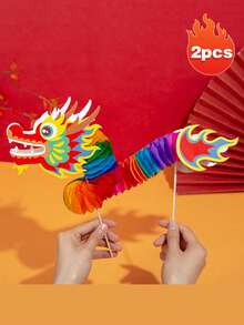 1pc Chinese Dragon Paper Cardboard, Handheld Ornament, New Year Handmade DIY Paper Dragon Hard Paper Honeycomb Ball Pull Flower Paper Dragon Hands Can Dance Paper Dragon, Christmas Valentine's Day New Year Gift - Multicolor - View 12