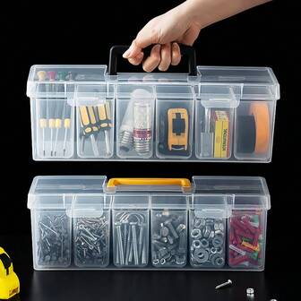 1pc Transparent Large Capacity Hardware Tool Box, Outdoor Portable Equipment Tool Case, Stackable Dustproof Plastic Storage Container With Handle & Lid, Easy-To-Carry Multifunctional Tool Storage Organizer Box