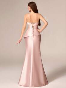 Elisanya Gaun Maxi Tanpa Tali yang Elegan untuk Wanita, Menampilkan Renda Kontras dan Desain Belahan Tinggi, Kain Tenun, Cocok untuk Pesta Malam Formal - Baby Pink - View 4