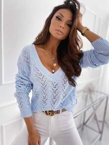 Women Regular Fit Long Sleeve Knitwear Pullover Sweater With Hollow Out Details And V Neckline