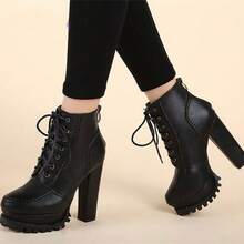 Chunky Heel Short Boots Women, 2024 Autumn/Winter  Boots, Waterproof Platform High Heel Shoes, Versatile Lace-Up Women's Boots - Black - View 2