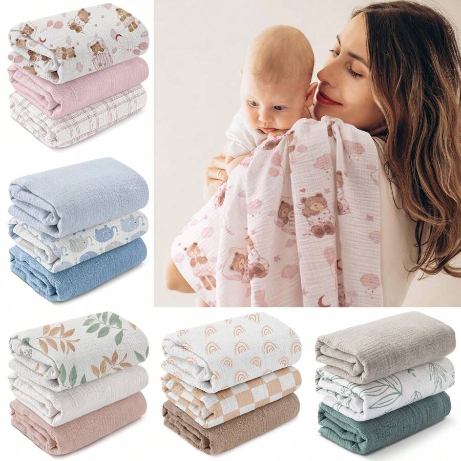 3条装婴儿襁褓毯，透气柔软，适合新生儿，男女通用，可用于拍嗝，必备婴儿用品，送礼佳品 - 彩色 - 查看 1