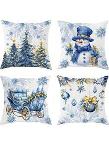 4件套圣诞枕套，雪花和蓝色树叶图案，蓝色枕套配金色点缀，树雪人冬季节日装饰家居沙发靠垫。（16英寸*16英寸，18英寸*18英寸，20英寸*20英寸） - 藍色 - 查看 9
