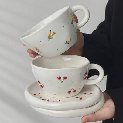 Cabin Kangaroo 1 Set Hand-Painted 3D Cherry Ceramic Cup & Saucer Set, Vintage Inspired Cherry & Blueberry Coffee Cup, Unique Countryside Style Afternoon Tea Set