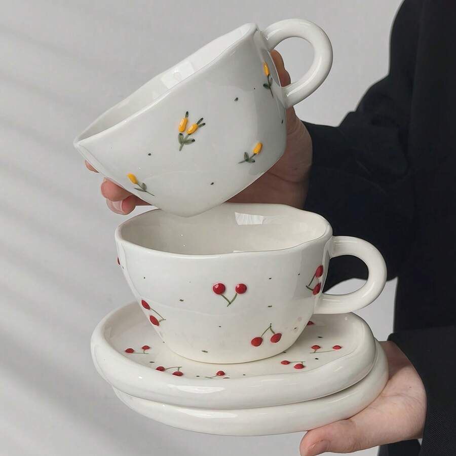 Cabin Kangaroo 1 Set Hand-Painted 3D Cherry Ceramic Cup & Saucer Set, Vintage Inspired Cherry & Blueberry Coffee Cup, Unique Countryside Style Afternoon Tea Set