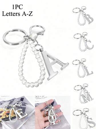 Premium Elegant Silver Pearl Letter Keychain, A-Z Alphabet 3D Pendant, Glamorous Pearl Chain With Rhinestones (Can Be Disassembled Based On Personal Preference), Fashionable Alloy Keychain Ring, Earphone Pendant, Backpack Hanging Ornament, Car Key Chain, Birthday And Holiday Gift For Family And Friends, Christmas Gift