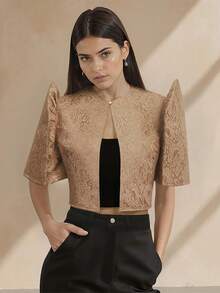 Amyenjoylife 现代菲律宾风蝴蝶袖优雅蕾丝泡泡袖衬衫，菲律宾风棕色上衣 - 咖啡棕 - 查看 4