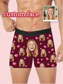 1pc Customized Men's Briefs - Personalized Face & Pink Heart Pattern, Customized Men's Underwear | Top Birthday/Anniversary Gift, Ideal Boyfriend Gift, Customizable Item, Men's Underwear, Men's Gift, Christmas Gift, Adult Christmas Stocking Stuffer, High-Quality Versatile Gift For Boyfriend - Multicolor - View 1