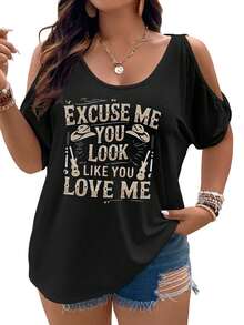 Excuse Me, You Look Like You Love Me -2Women Cold Shoulder Tops Summer Short Sleeve Shirt Plus Size - 黑色 - 查看 1