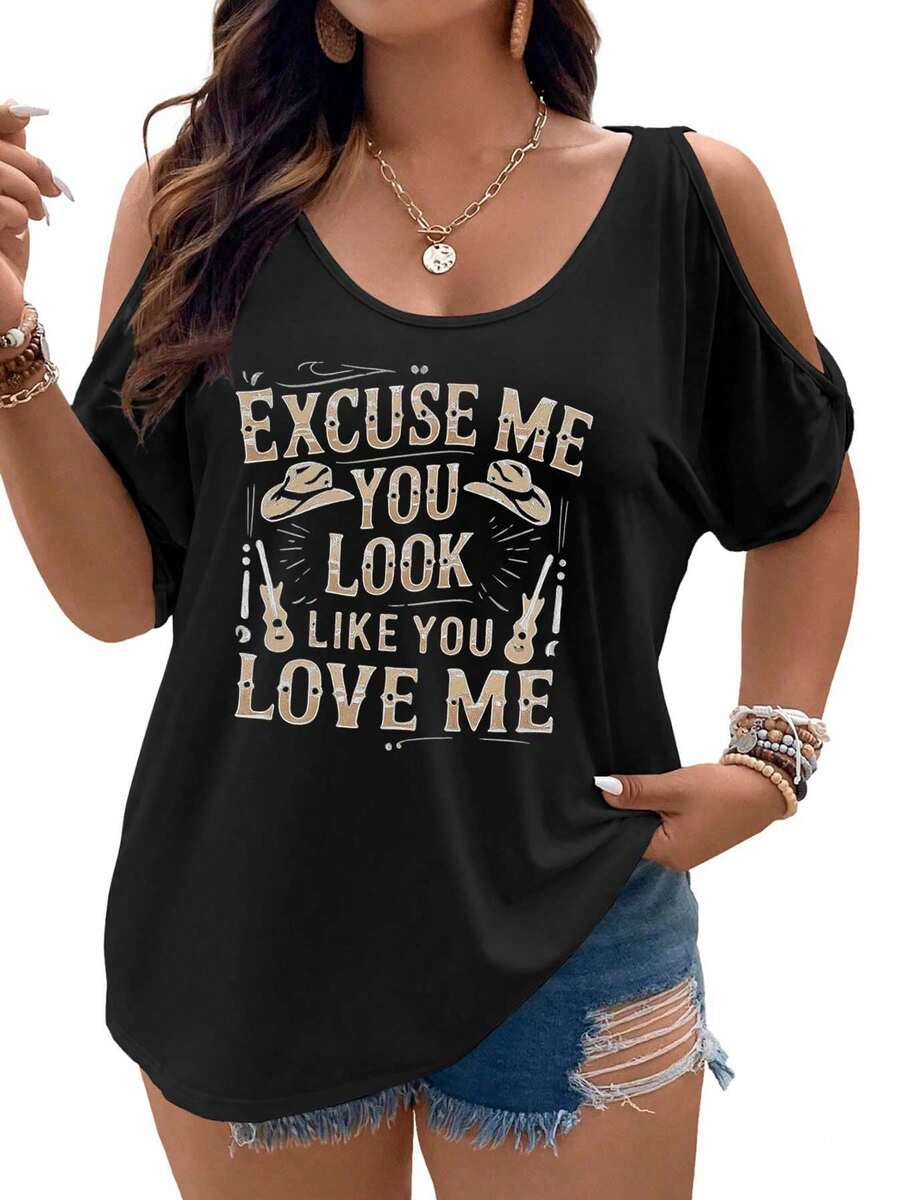 Excuse Me, You Look Like You Love Me -2Women Cold Shoulder Tops Summer Short Sleeve Shirt Plus Size - 黑色 - 查看 1